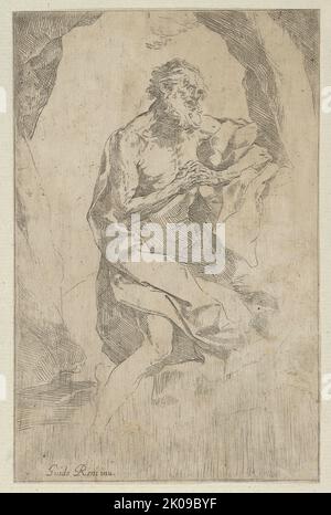 Saint Jerome kneeling on a rock in front of a cross and an open book facing right, after Reni, ca. 1600-1640. Stock Photo