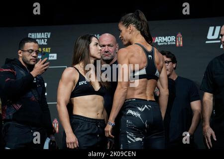 LAS VEGAS, NV - September 9: Norma Dumont (L) and Danyelle Wolf (R) face-off at MGM Grand Garden Arena for UFC 279 - Chimaev vs Diaz - Ceremonial Weigh-in on September 9, 2022 in Las Vegas, NV, United States. (Photo by Louis Grasse/PxImages) Stock Photo