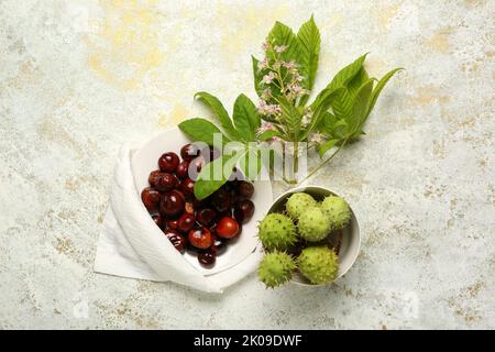 Plate and bowl with chestnuts on light background Stock Photo