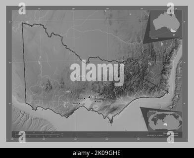 Victoria, state of Australia. Grayscale elevation map with lakes and ...