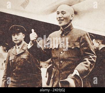 10 December 1949, Chinese Communist troops laid siege to Chengdu, the last KMT-controlled city in mainland China, where Chiang Kai-shek and his son Chiang Ching-kuo directed the defence at the Chengtu Central Military Academy. Flying out of Chengdu Fenghuangshan Airport, Chiang Kai-shek, father and son, were evacuated to Taiwan via Guangdong on an aircraft called May-ling and arrived the same day. Stock Photo