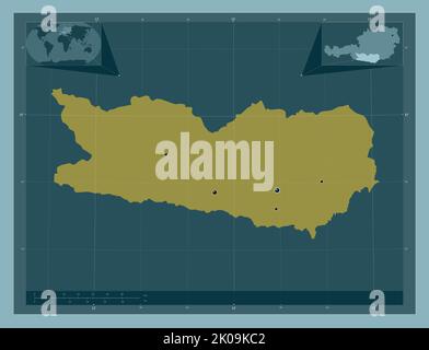 Karnten, state of Austria. Solid color shape. Locations of major cities of the region. Corner auxiliary location maps Stock Photo