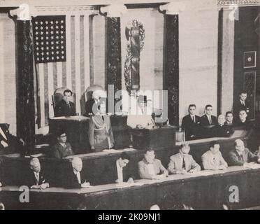 Indonesian President Ahmed Sukarno speaking to U.S. Congress in 1956. President Sukarno (6 June 1901 - 21 June 1970) was an Indonesian statesman, politician, nationalist, and assimilationist who was the first president of Indonesia, serving from 1945 to 1967. Stock Photo