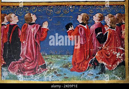 Madonna with child and two Saints. Bolognese, 15th century religious art work. Stock Photo