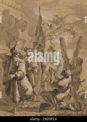 Saint Andrew the Apostle crucified on an x-shaped cross outside a ...