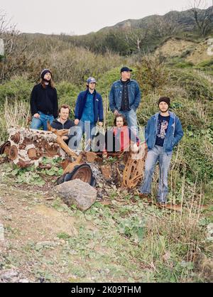 The Bees band, Photographed at Afton Down on the site of the 1970 Isle of Wight Festival. Stock Photo