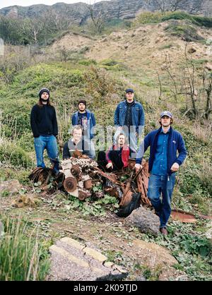 The Bees band, Photographed at Afton Down on the site of the 1970 Isle of Wight Festival. Stock Photo