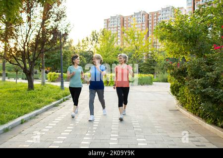 Happy senior Chinese friends exercising in park Stock Photo