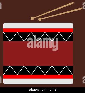 A kids drum illustration, drum with drumsticks, red and black and silver, music instrument for kids Stock Photo