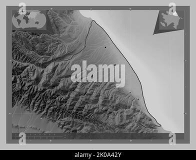 Quba-Khachmaz, region of Azerbaijan. Grayscale elevation map with lakes and rivers. Locations of major cities of the region. Corner auxiliary location Stock Photo