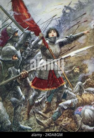 Painting of Joan of Arc in battle. Joan of Arc (c. 1412 - 30 May 1431), nicknamed 'The Maid of Orleans' (French: La Pucelle d'Orleans), is considered a heroine of France for her role during the Lancastrian phase of the Hundred Years' War, and was canonized as a saint. Stock Photo