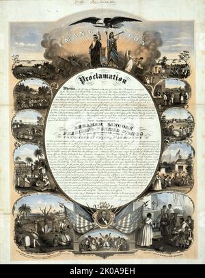 Emancipation Proclamation. Published and sold by Martin & Judson, c1864. Print shows at centre the text of the Emancipation Proclamation with vignettes surrounding it; on the left are scenes related to slavery and on the right are scenes showing the benefits attained through freedom; also shows Justice and Columbia at the top centre beneath a bald eagle and a portrait of Abraham Lincoln at bottom centre above a scene of former slaves giving thanks Stock Photo