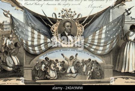 Emancipation Proclamation. Published and sold by Martin & Judson, c1864. Print shows at centre the text of the Emancipation Proclamation with vignettes surrounding it; on the left are scenes related to slavery and on the right are scenes showing the benefits attained through freedom; also shows Justice and Columbia at the top centre beneath a bald eagle and a portrait of Abraham Lincoln at bottom centre above a scene of former slaves giving thanks Stock Photo