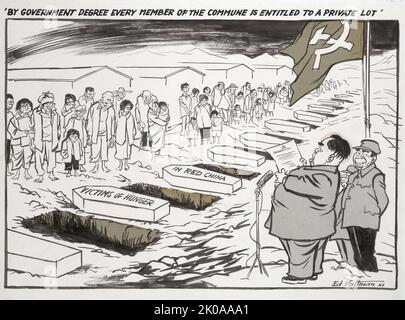 By government decree every member of the commune is entitled to a private lot. Cartoon shows Chinese Communist leader Mao Zedong standing behind a microphone under a flag showing the hammer and sickle, reading a proclamation to a crowd of beaten down Chinese peasants, who stand behind a row of open graves. The coffins lying next to the graves are labelled 'Victims of Hunger in Red China.' In 1961, after a period of disastrous weather, Communist China experienced a severe agricultural famine Stock Photo