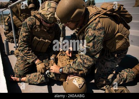 A U.S. Navy Hospital Corpsman and a U.S. Marine, both with 4th Air Naval Gunfire Liaison Company, Marine Forces Reserve, in support of Special Purpose Marine Air-Ground Task Force UNITAS LXIII, apply a tourniquet to a marine during a simulated casualty evacuation during exercise UNITAS LXIII, Santa Cruz Air Force Base, Rio de Janeiro, Sept. 7, 2022. 4th ANGLICO and the Brazilian Marine Corps tested the capability of transporting wounded marines by Brazilian military medical units. UNITAS trains forces to conduct joint maritime operations through the execution of anti-surface, anti-submarine, a Stock Photo