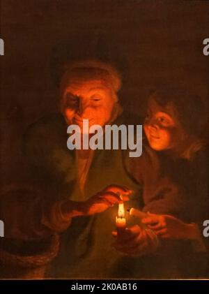 Woman and child lighting a candle, c1680, painted by Godfried Schalcken. Godfried Schalcken or Gottfried Schalcken (1643 - 16 November 1706) was a Dutch genre and portrait painter. He was noted for his mastery in reproducing the effect of candlelight, and painted in the exquisite and highly polished manner of the Leiden fijnschilders Stock Photo