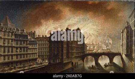 Fire at the Hotel-Dieu in 1772, c1772. Stock Photo