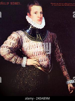 Sir Philip Sidney (30 November 1554 - 17 October 1586) was an English poet, courtier, scholar and soldier who is remembered as one of the most prominent figures of the Elizabethan age. His works include Astrophel and Stella, The Defence of Poesy and The Countess of Pembroke's Arcadia Stock Photo