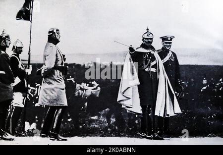 Winston Churchill with the Kaiser watching German army manoeuvres in 1913. Sir Winston Leonard Spencer Churchill (30 November 1874 - 24 January 1965) was a British statesman who served as Prime Minister of the United Kingdom from 1940 to 1945, during the Second World War, and again from 1951 to 1955 Stock Photo