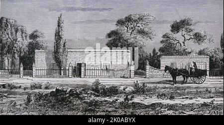 A Boer farmer's house. Black and white drawing. Boers are the descendants of the Dutch-speaking Free Burghers of the eastern Cape frontier in Southern Africa during the 17th, 18th, and 19th centuries. The name of the group is derived from 'Boer,' which means 'farmer' in Dutch and Afrikaans Stock Photo