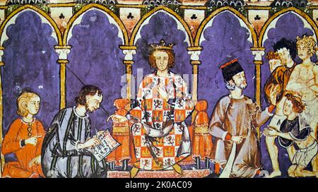 Liveries. Alfonso X, King of Spain, wearing the livery of the Royal House. Coloured Illustration. Alfonso X (23 November 1221 - 4 April 1284) was the king of Castile, Leon and Galicia from 30 May 1252 until his death in 1284 Stock Photo