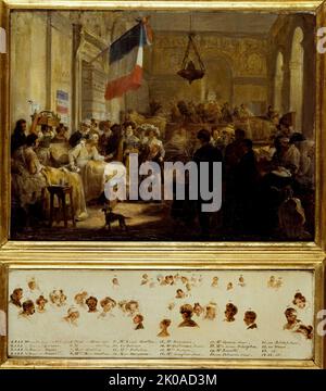 Queen Marie-Amelie, accompanied by Madame Adelaide, Princesses Louise and Marie and the Prince of Joinville, visiting the wounded of July in emergency room at the Stock Exchange, led by Doctor Guillon, August 25, 1830. Stock Photo