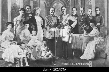 Royal family of Germany, World War I. William II, Emperor of Germany and King of Prussia, married the Princess Victoria of Schleswig-Holstein-Sonderburg-Austenburg. He has six sons and one daughter. The Crown Prince Frederick William, married the Duchess Cecilie of Mecklenburg-Schwerin. The Emperor's sister, Sophia, is the wife of Constantine, King of the Hellenes. Prince Henry, his brother, married his cousin, Princess Irene of Hesse, daughter of the late Princess Alice of England. The Emperor's mother was Princess Victoria of England, daughter of Queen Victoria Stock Photo