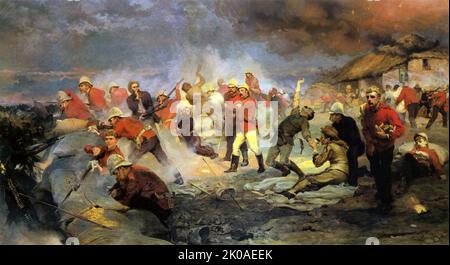 Defence of Rorke's Drift, oil painting by Lady Elizabeth Butler. The Battle of Rorke's Drift (1879), also known as the Defence of Rorke's Drift, was an engagement in the Anglo-Zulu War. The successful British defence of the mission station of Rorke's Drift, under the command of Lieutenants John Chard of the Royal Engineers and Gonville Bromhead, 24th Regiment of Foot, began when a large contingent of Zulu warriors broke off from their main force during the final hour of the British defeat at the day-long Battle of Isandlwana on 22 January 1879, diverting 6 miles (9.7 km) to attack Rorke's Drif Stock Photo