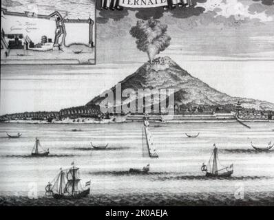Engraving from Franqois Valentyn, Oud en nieuw Oost-??????? (Old and New East Indies), Dordrecht, J. Van Braam, 1724-26, showing the volcano and harbour at Ternate in the Maluku Islands, with an inset outline view of the Dutch fort. Maluku Islands were also known as the Moluccas; an archipelago in the east of Indonesia Stock Photo