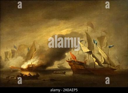 A Row Galley on Fire by Willem van de Velde II (1633-1707) Dutch British artist Stock Photo