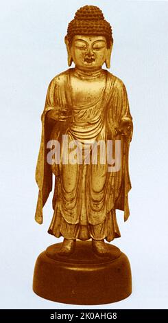 gilt bronze, Buddhist sculpture from Unified Silla, Korea: Bhaisajyaguru (668 - 935) Stock Photo