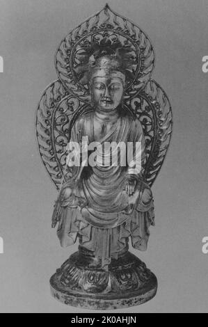 Golden Buddhist sculpture from Unified Silla, Korea: Amitabha. Made of gold. Unified Silla (668 - 935) Stock Photo