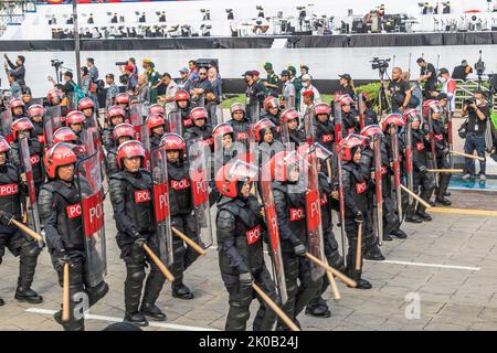 Malaysian anti riot polices or Federal Reserve Unit marching with batons and shields during 65th Malaysia National Day parade in Kuala Lumpur. Stock Photo