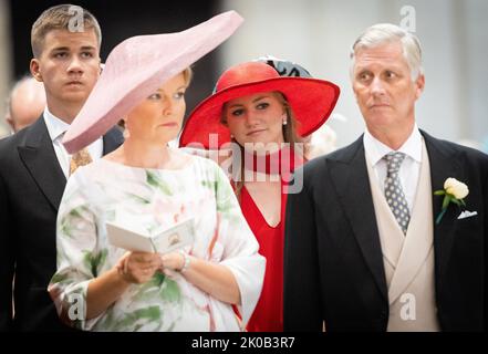 Brussels, Belgium. 10th Sep, 2022. Prince Gabriel, Queen Mathilde of Belgium, Crown Princess Elisabeth and King Philippe - Filip of Belgium pictured during the wedding ceremony of Princess Maria-Laura of Belgium and William Isvy, at the Saint Michael and Saint Gudula Cathedral (Cathedrale des Saints Michel et Gudule/Sint-Michiels- en Sint-Goedele kathedraal), Saturday 10 September 2022, in Brussels. BELGA PHOTO POOL BENOIT DOPPAGNE Credit: Belga News Agency/Alamy Live News Stock Photo