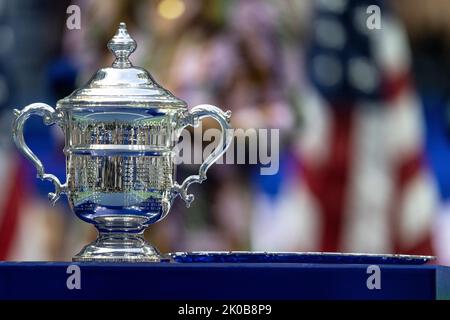 New York, NY - September 10, 2022: Winner and runner-up trophy seen during presentation after final of US Open Championships between Iga Swiatek of Poland and Ons Jabeur of Tunisia at USTA Billie Jean King National Tennis Center Stock Photo