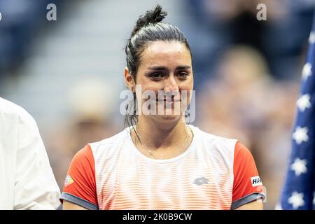 New York, USA. 10th Sep, 2022. Ons Jabeur of Tunisia seen during trophy presentation at US Open Championships she lost to Iga Swiatek of Poland at USTA Billie Jean King National Tennis Center in New York on September 10, 2022. (Photo by Lev Radin/Sipa USA) Credit: Sipa USA/Alamy Live News Stock Photo