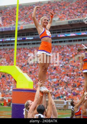 Clemson, SC, USA. 10th Sep, 2022. A Clemson cheerleader performs for the crowd during the NCAA football game between the Clemson Tigers and Furman Paladins at Memorial Stadium in Clemson, SC. Kyle Okita/CSM/Alamy Live News Credit: Cal Sport Media/Alamy Live News Stock Photo