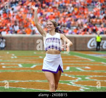Clemson, SC, USA. 10th Sep, 2022. A Furman cheerleader waives to the crowd during the NCAA football game between the Clemson Tigers and Furman Paladins at Memorial Stadium in Clemson, SC. Kyle Okita/CSM/Alamy Live News Credit: Cal Sport Media/Alamy Live News Stock Photo