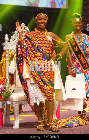 10th September 2022. London, UK. Eunice Maame Adwoa Boatemaa Adu-Poku is the 30th Miss Ghana UK 2022.Joycelin Akosua Serwaa Agyei-Kyem, 20 yrs, Beryl Daisy Kukuah Afful, 26 yrs, Eunice Maame Adwoa Boatemaa Adu-Poku, 26 yrs, Lourdes Nana Achiaa Agyeman, aged 21 and Yvette Abelle Abena Dede Tettey, age 28, 23-yr-old Glenda Nana Adwoa Serwaa Gaspard, 20 year-old Esmeraldah Emaah Afiyoh Nague, Abigail Dodo Kabirou, aged 23, Manella Ann Awini, aged 26, Maddalena Happy Nana Yaa Nkansah, age 22 and 23-year-old Margherita Melody Nana Adwoa Boatemaa Oppong. A lively pageant with adowa dancing, Kente cl Stock Photo