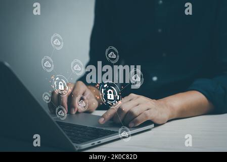 Cloud network storage Computer online technology for computer business virtual cloud service icons and hands on laptop keyboard Data transfer technolo Stock Photo