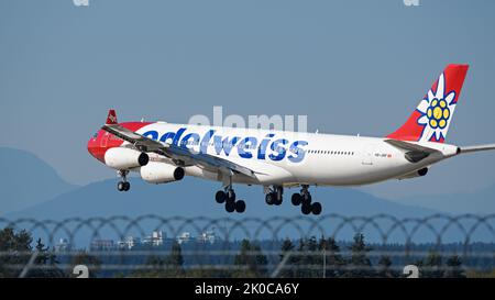 Richmond, British Columbia, Canada. 10th Sep, 2022. An Edelweiss Air Airbus A340 jetliner (HB-JMF) landing at Vancouver International Airport. (Credit Image: © Bayne Stanley/ZUMA Press Wire) Stock Photo