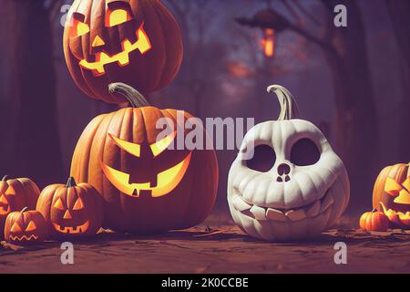 Halloween background with skeletons character and pumpkins. 3D illustration to decorate a flyer, poster, invitation or social media ad for Halloween. Stock Photo