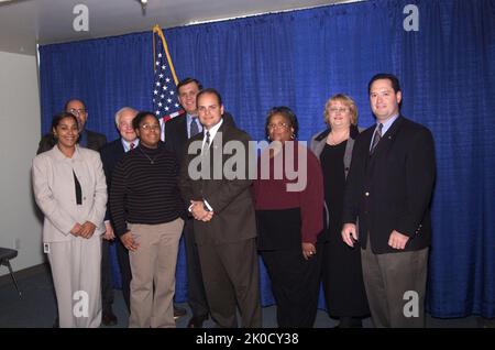 Secretary Mel Martinez in Cedar Rapids, Iowa. Secretary Mel Martinez in Cedar Rapids, Iowa Subject, Secretary Mel Martinez visiting Cedar Rapids, Iowa, leading 'Blueprint for the American Dream' event on minority homeownership promotion. Stock Photo