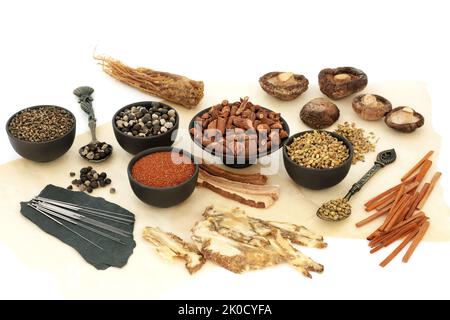 Natural Chinese alternative acupuncture therapy with needles, herbs, spice for herbal plant medicine. Holistic healing healthcare concept. Stock Photo