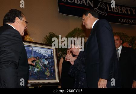 Secretary Mel Martinez in Miami, Florida. Secretary Mel Martinez in Miami, Florida Subject, Secretary Mel Martinez in Miami, Florida, at Cuban Liberation Council events. Stock Photo