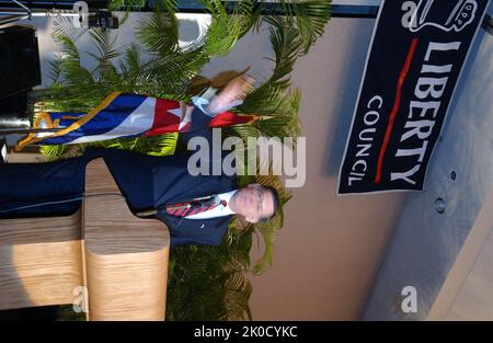 Secretary Mel Martinez in Miami, Florida. Secretary Mel Martinez in Miami, Florida Subject, Secretary Mel Martinez in Miami, Florida, at Cuban Liberation Council events. Stock Photo