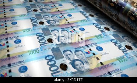 Philippine Peso money printing 3d illustration. PHP banknote print ...