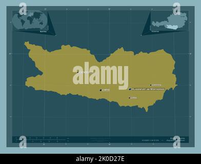 Karnten, state of Austria. Solid color shape. Locations and names of major cities of the region. Corner auxiliary location maps Stock Photo