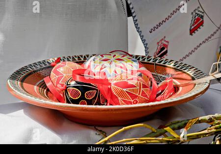 Several ukrainian easter eggs on a platter Stock Photo