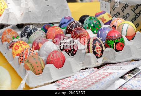 Ukrainian easter eggs drying in eggs box at the Pysanka Paradise family festival Stock Photo